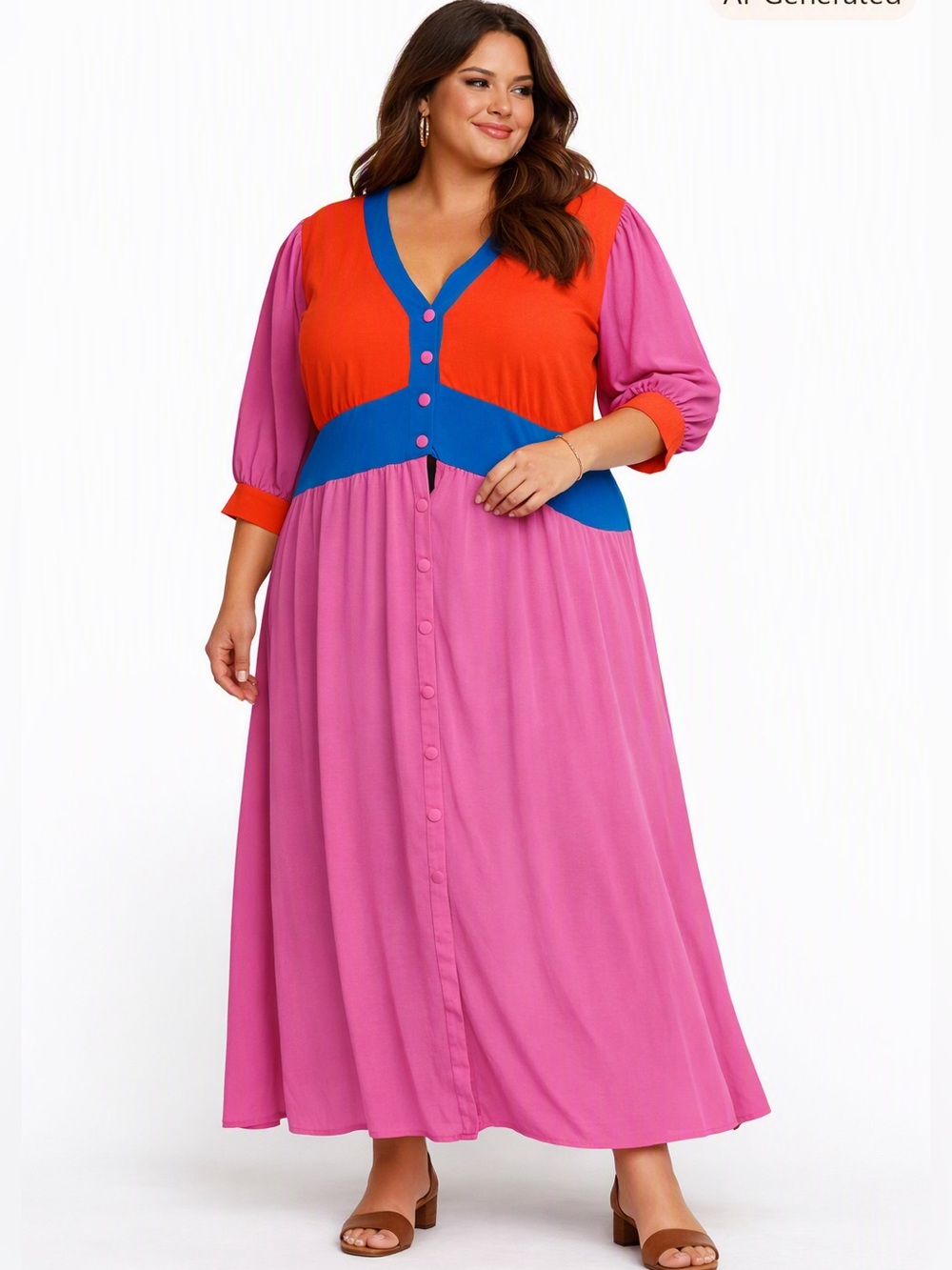 Boden Colorblock Button-Front Maxi Dress in Size 20-22 Orange, Pink & Blue Trim